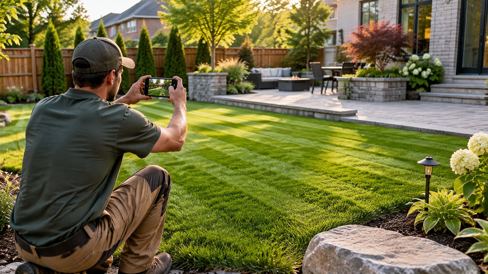 A landscaper filming a finished backyard on his phone