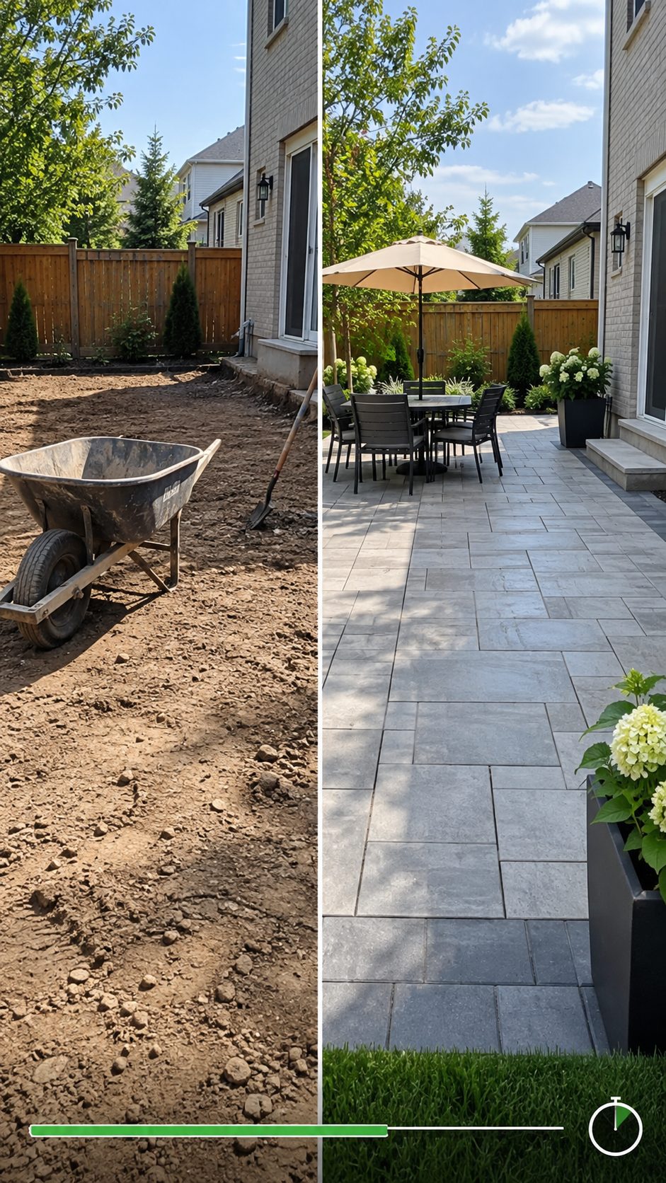 Before and after of a backyard interlock patio, video style frame